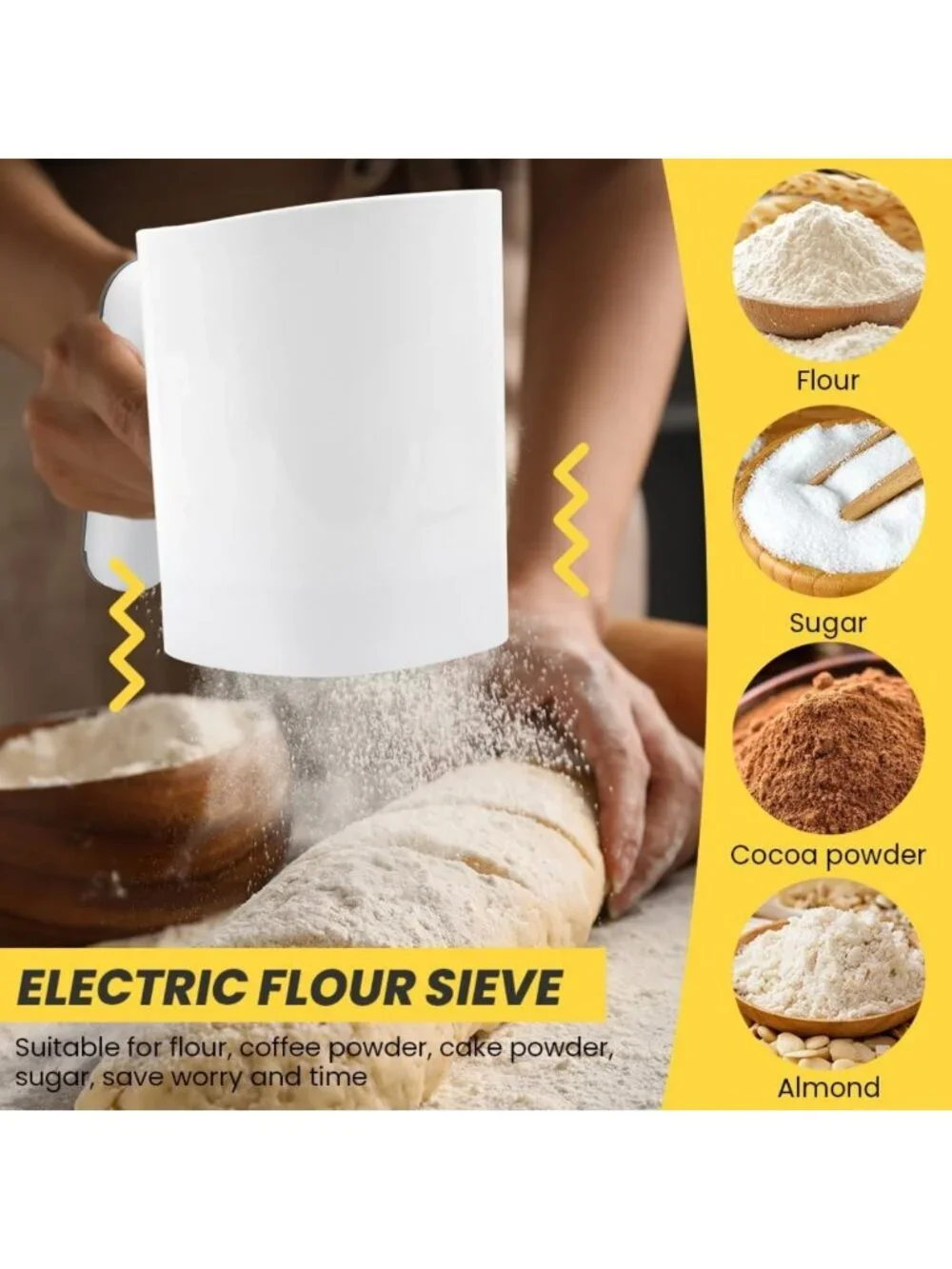 Electric Flour Sifter - Battery Operated, 4 Cup Capacity, One-Hand Operation